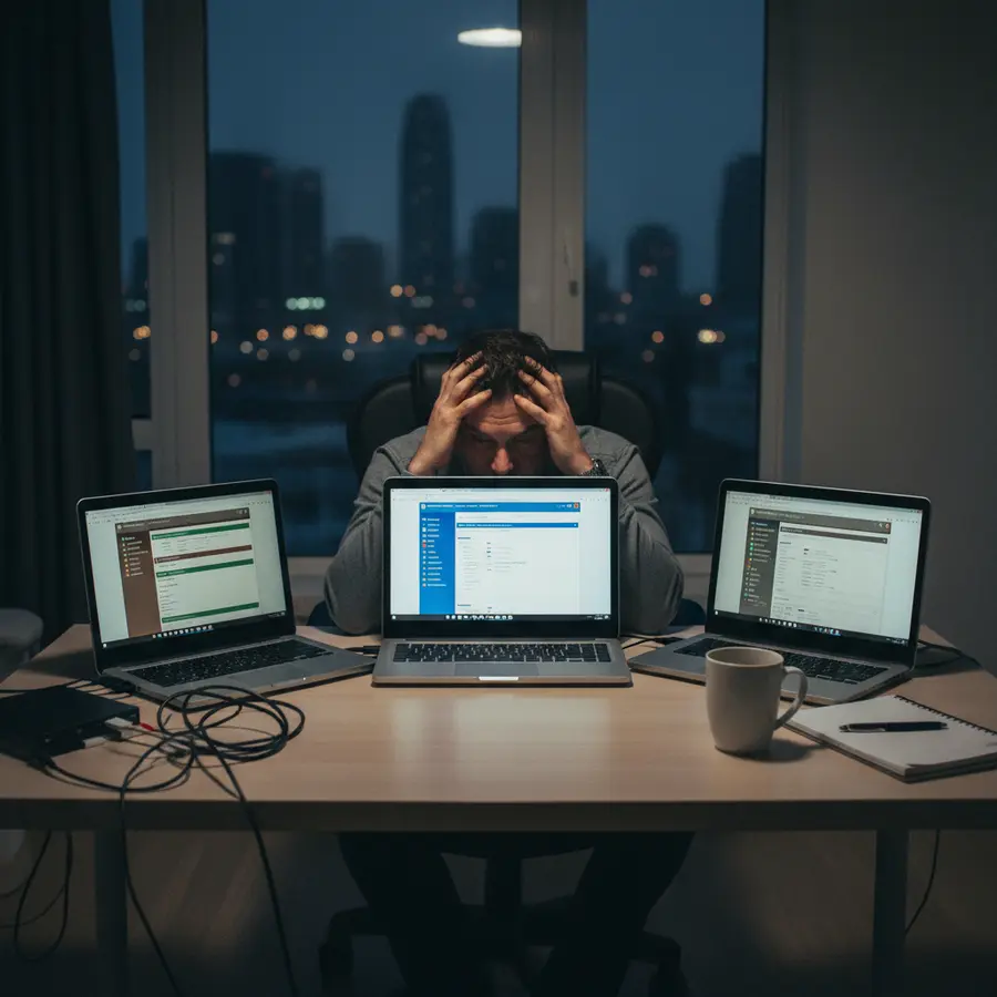 Bluehost vs Fatcow: I Hosted 10 Sites on Both for 2 Years - Here's the Honest Truth - Photo Frustrated man comparing Bluehost vs Fatcow hosting dashboards at night