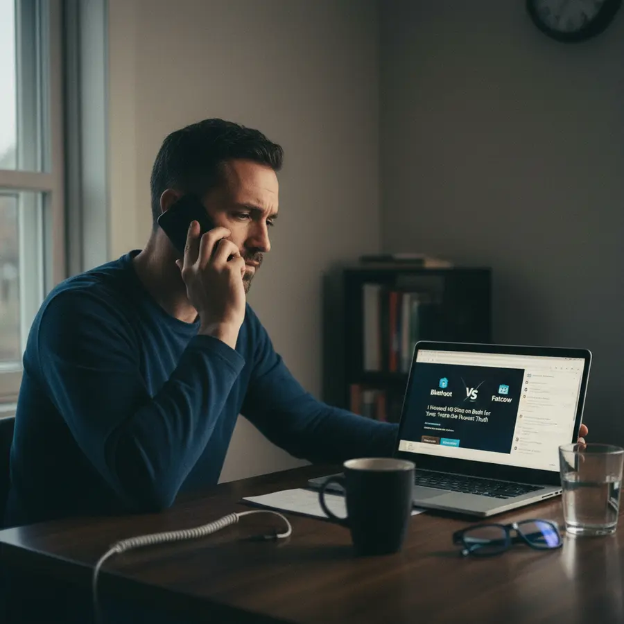 Bluehost vs Fatcow: I Hosted 10 Sites on Both for 2 Years - Here's the Honest Truth - Photo Tired entrepreneur on Bluehost vs Fatcow hosting issues at midnight