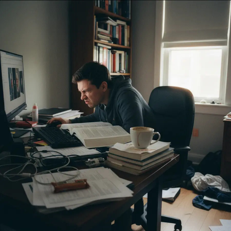 Ecommerce Seo Audit Checklist: Free Downloadable Template + Real Agency Examples - Photo Frustrated person staring at blurry product images on a computer screen in a cluttered home office, coffee cup nearby