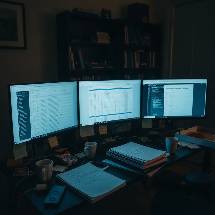 Ecommerce Seo Audit Checklist: Free Downloadable Template + Real Agency Examples - Photo Overloaded developer desk at night, multiple monitors showing crawl data, empty coffee mugs, stacks of audit notes