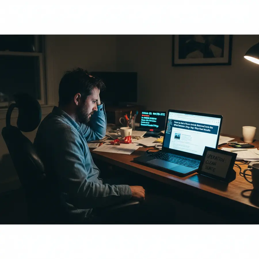 How to Get a News Article Removed from the Internet: What Worked for Us (Step-by-Step with Real Results) - Photo A stressed entrepreneur staring at a laptop screen late at night