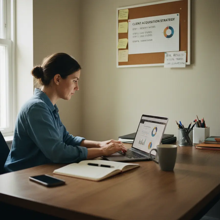 Focused professional woman on laptop analyzing client data