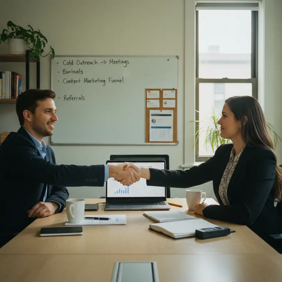Two professionals shaking hands after a productive meeting