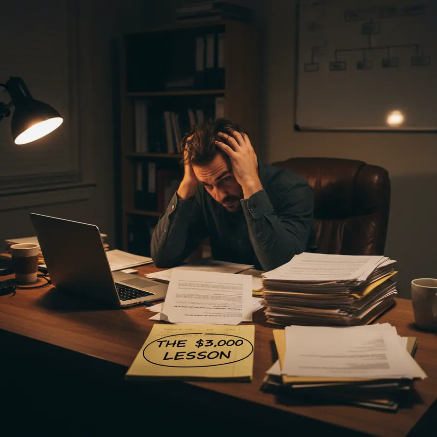 Frustrated entrepreneur reviewing trademark documents in dimly lit office