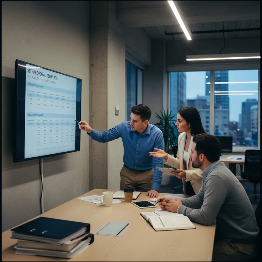 Seo Proposal Template: Free Template + Real Agency Examples - Photo Professional team reviewing project pricing charts in modern office