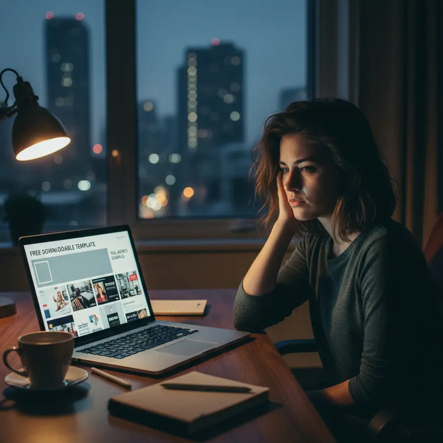 Static Ads Examples: Free Downloadable Template + Real Agency Examples - Photo Frustrated marketer reviewing static ads examples on a laptop at night