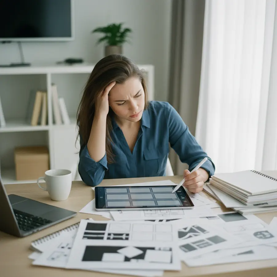 Static Ads Examples: Free Downloadable Template + Real Agency Examples - Photo Overwhelmed freelancer with messy papers and static ads examples template