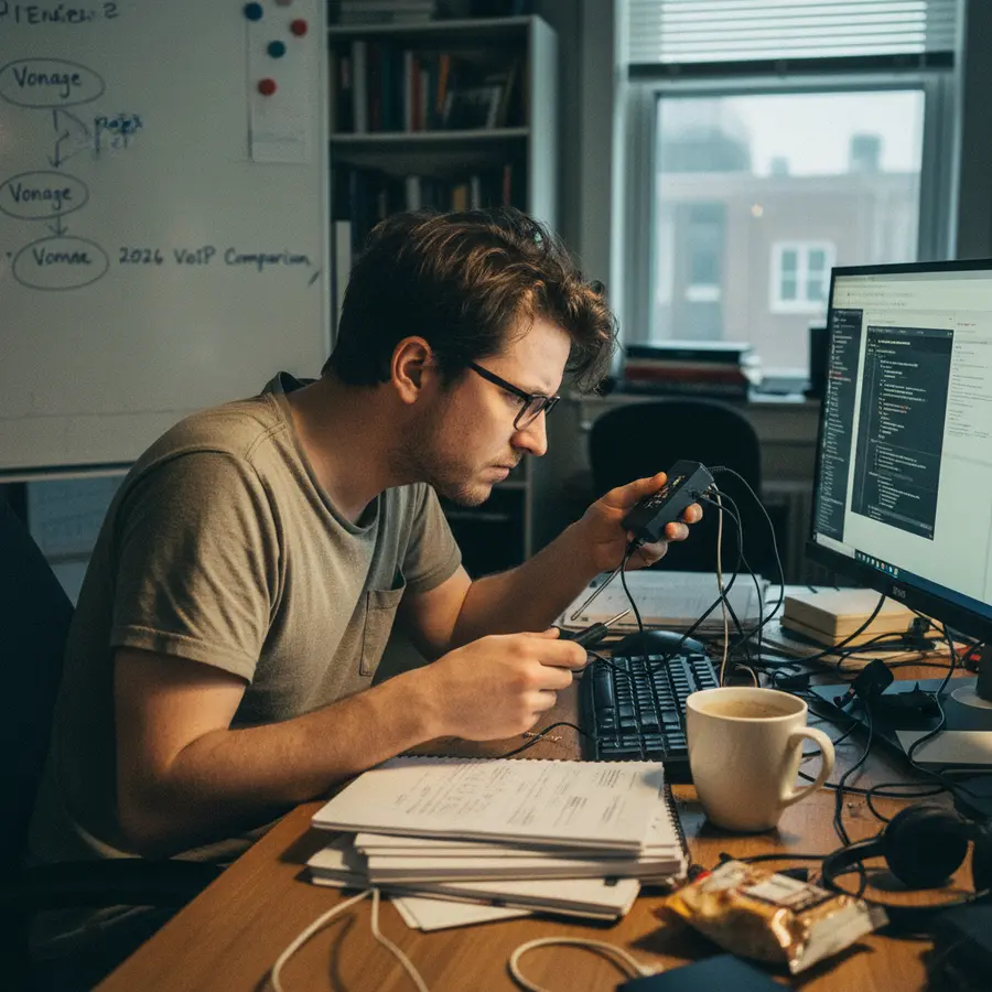 Person slouched at messy desk troubleshooting a VoIP device while a coffee cup sits nearby
