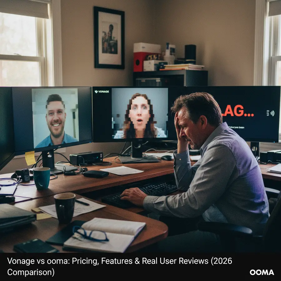 Frustrated business owner on a glitchy video call with multiple screens, frozen faces and lag