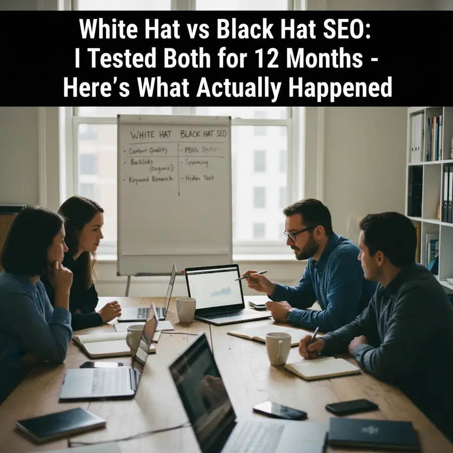 White Hat vs Black Hat SEO: I Tested Both for 12 Months - Here's What Actually Happened - Photo Marketer discussing SEO strategy with team around conference table