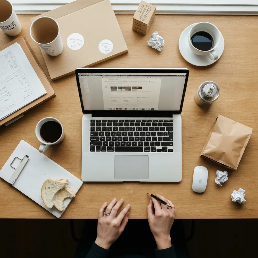 Big Cartel vs Etsy: which one is right for your shop? My honest comparison - Photo Big Cartel vs Etsy: cluttered home workspace with laptop and packaging supplies