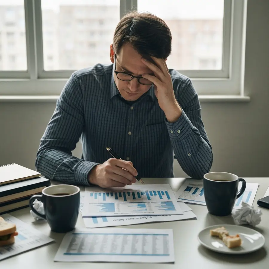 My simple method for spotting competitor backlink gaps - Photo Stressed marketer analyzing backlink gaps using spreadsheets for competitor backlink gaps