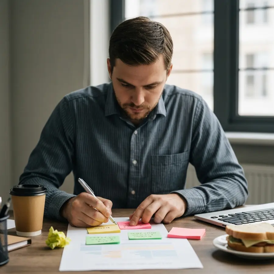 Ranking videos high on YouTube: what actually worked for my small channel - Photo Small business owner brainstorming YouTube ranking videos tips at cluttered desk