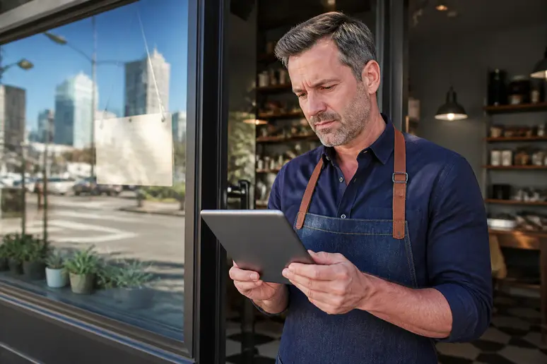 Denver business owner researches 7host legitimacy by checking reviews and contact details on a tablet.
