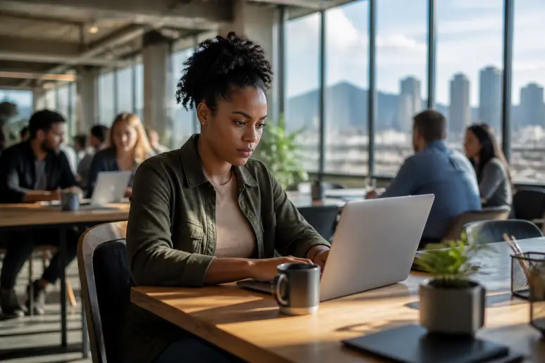 Denver co-working space showing a focused professional woman improving blogging-da for her website's ranking potential.