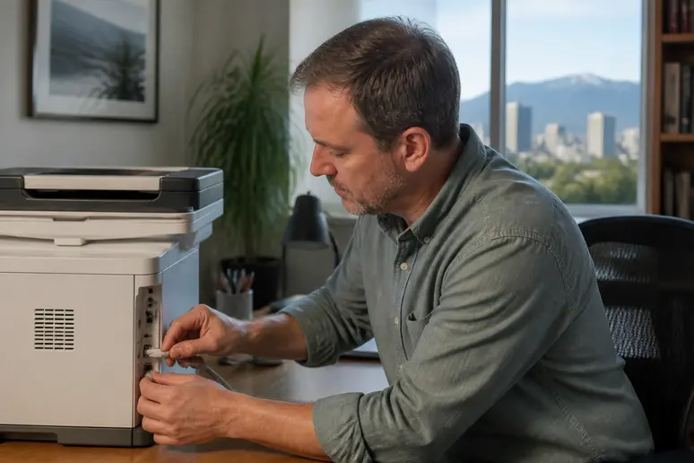 Man configuring a printer for faxing, demonstrating how-to-configure-fax-machine setup.