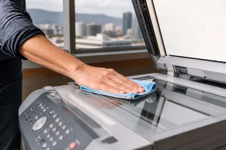 Hand cleaning fax machine scanner glass, part of how-to-configure-fax-machine troubleshooting.