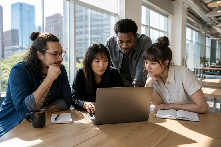 Denver entrepreneurs analyzing people-also-ask-google opportunities in a co-working space.