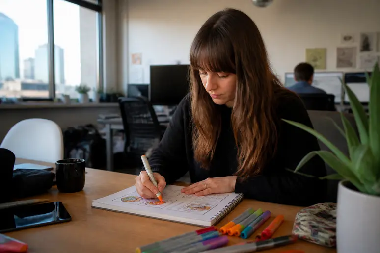 UX designer sketching creative 404 page mini-game concepts on a paper notepad