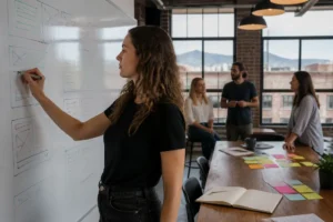 Marketing team sketching website wireframes and reviewing creative 404 page examples in a Denver office