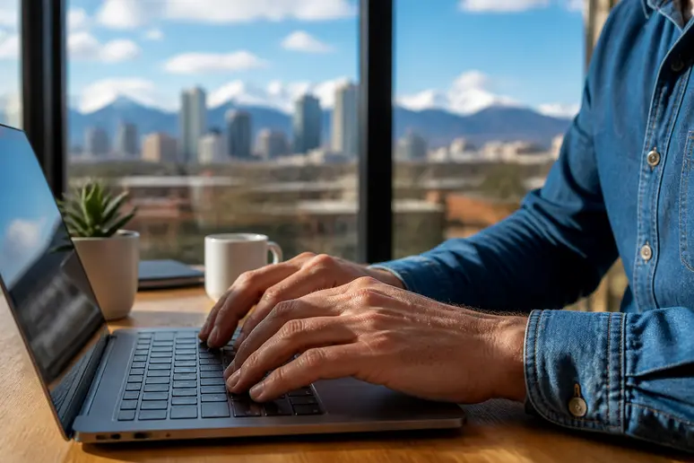 Hands on a laptop keyboard, meticulously working on an affiliate marketing website template.