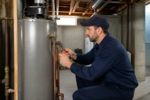 A professional plumber fixing a water heater, highlighting the best seo for plumbers strategy.