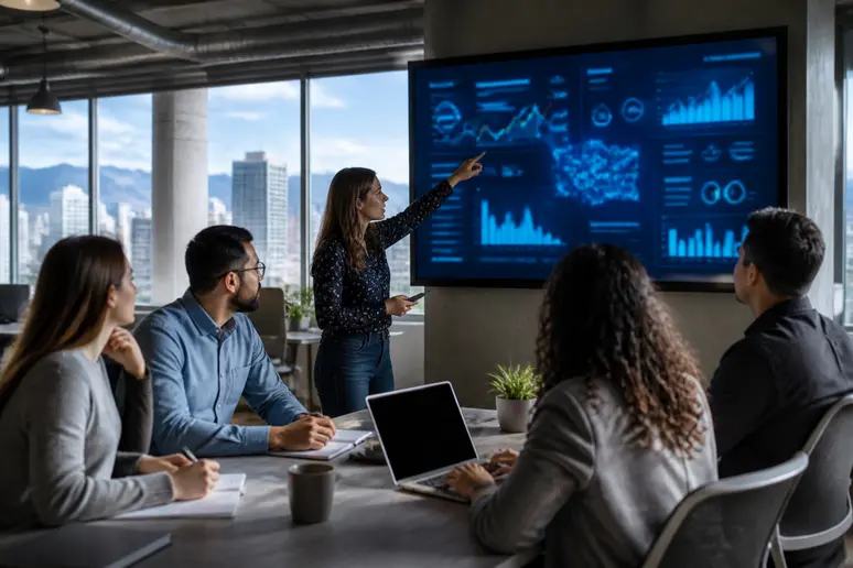 Denver marketing team analyzing AI data, discussing the difference between SEM and SEO.