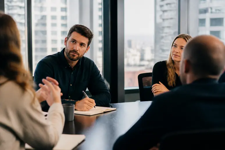 Digital strategist taking notes on qualitative customer data during a team meeting