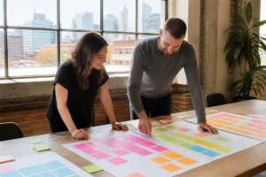 Marketing professionals analyzing qualitative data for customer intelligence using printed thematic sticky notes