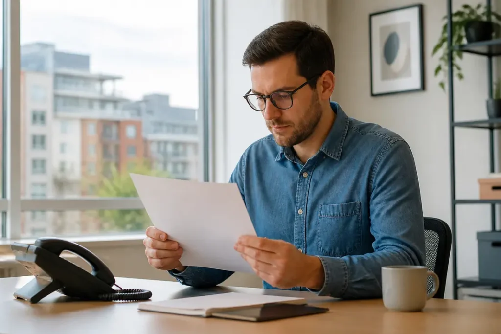 Professional reviewing a document on a desk to learn how to fax from Outlook without hardware