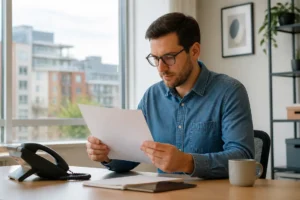 Professional reviewing a document on a desk to learn how to fax from Outlook without hardware