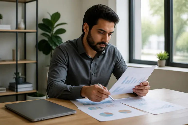 Digital marketing analyst reviewing campaign data metrics and search term reports on printed sheets
