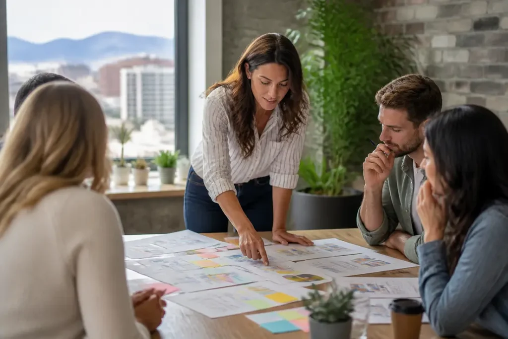 Marketing professionals analyze printed charts to recover hidden keyword data in a modern office.