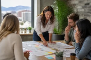 Marketing professionals analyze printed charts to recover hidden keyword data in a modern office.