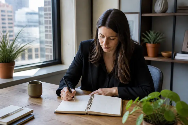 Content creator mapping out a strategic publishing schedule in a notebook at a wooden desk