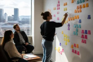 Digital strategist mapping out an organic content strategy on a wall to learn how to build a following from zero