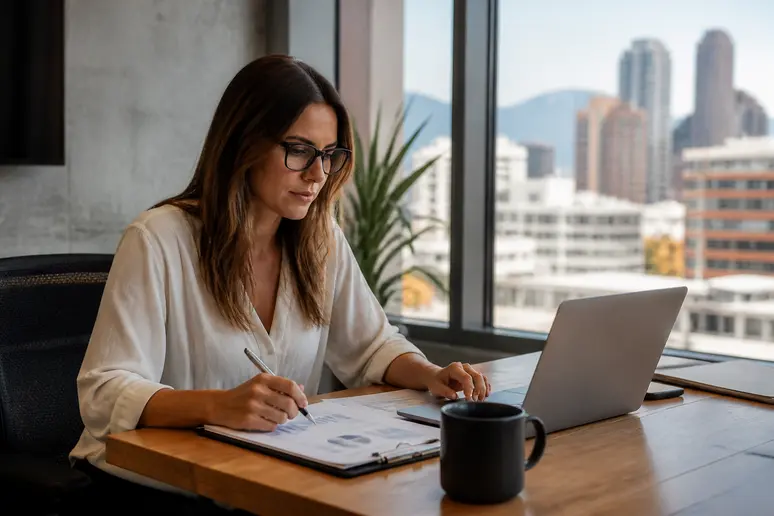 Professional analyzing website architecture data during a low budget b2b seo audit in an office
