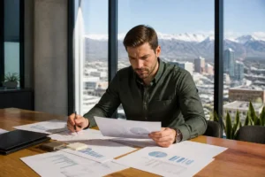 A marketing specialist analyzing printed performance reports during a B2B SEO audit low budget strategy session in a Denver office.
