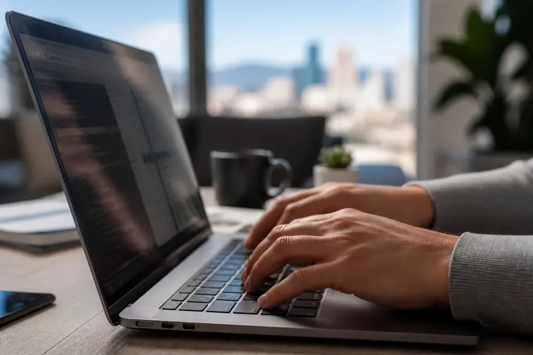 Hands typing on a laptop, focusing on how to increase domain authority through content creation.