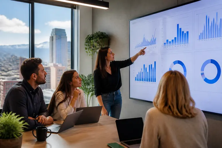 Denver marketing team analyzing data for how to optimize for featured snippets on a large screen.