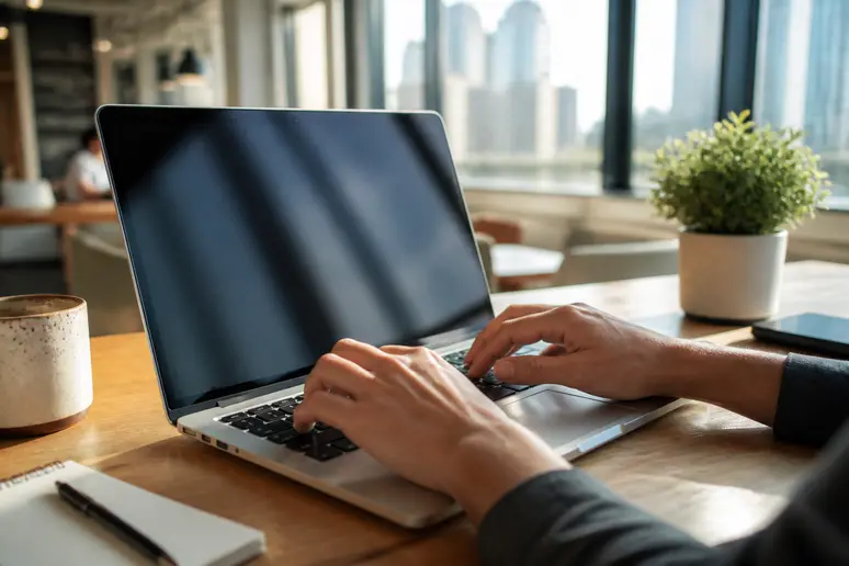 Hands typing on a laptop, crafting content to learn how to optimize for featured snippets.