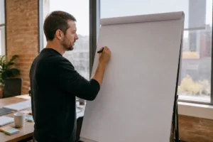A marketing expert planning how to pick a blog name using paper notes in a bright office.