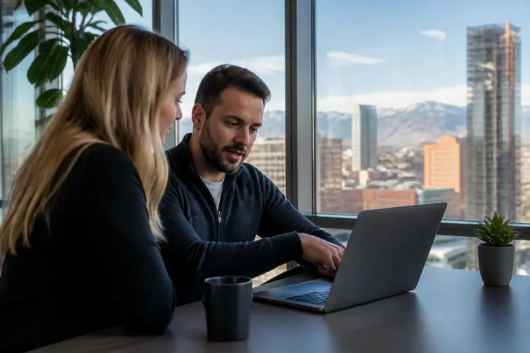 Marketing team discussing link reclamation strategy and identifying link loss in a Denver office environment.