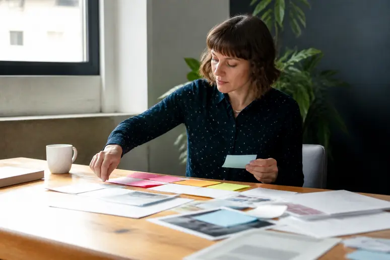 Professional organizing content notes on a wooden desk to plan structured listicle formats.