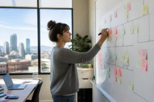 Marketing professional planning effective listicle formats on a whiteboard in a bright office