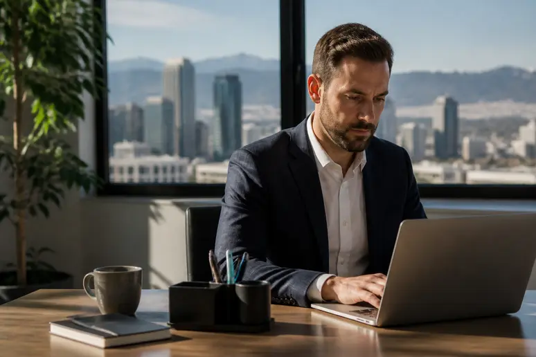 Business owner reviewing trademark a phrase for business costs on a laptop in a Denver office.