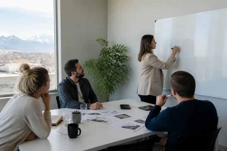 Team discussing long-term trademark a phrase for business costs in a marketing agency.