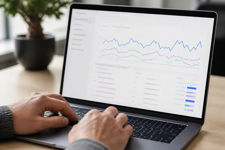 Hands analyzing Google Search Console for what are low hanging fruit keywords for SEO on a laptop screen in an office setting.
