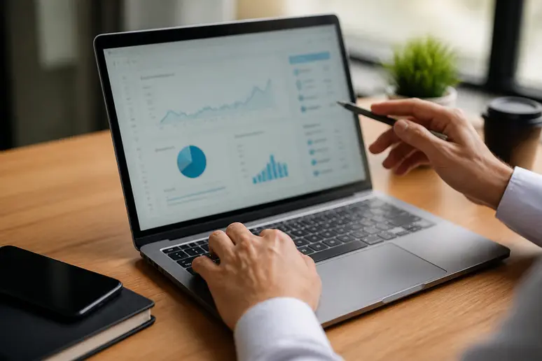 Analyst reviewing commercial intent modifiers and search metrics on a desktop report