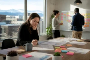 Digital strategist reviewing keyword research documents on a wooden table to learn how to find commercial intent